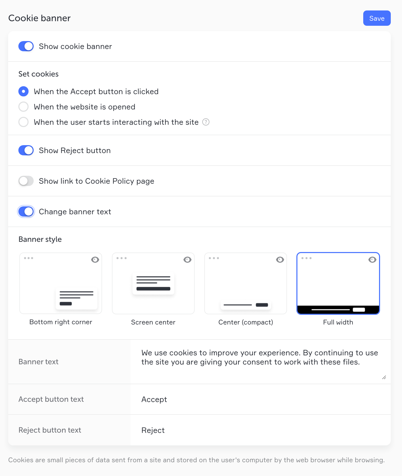 Cookie banner settings