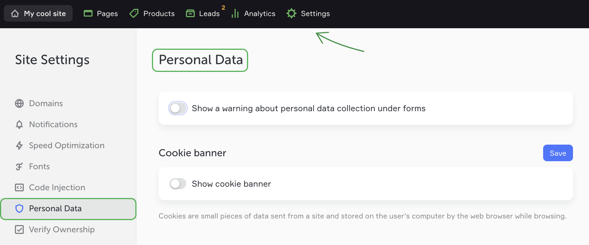 Personal data in the site's settings